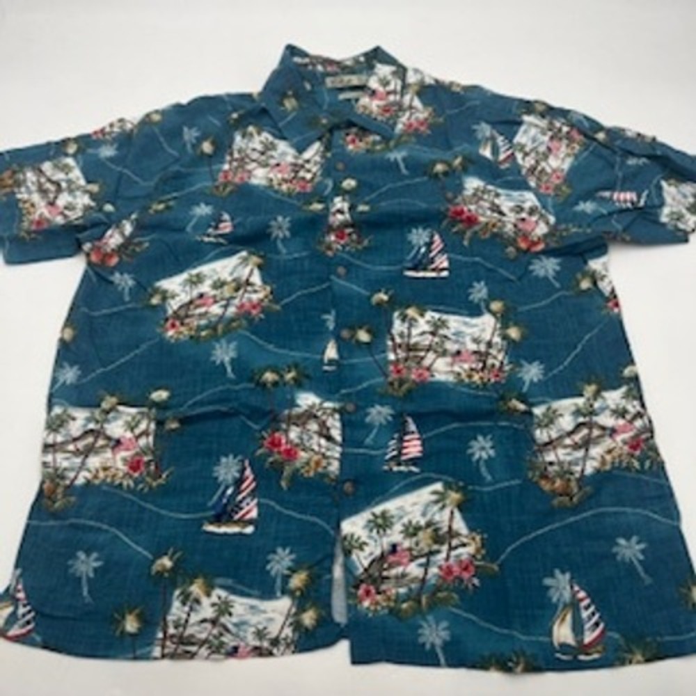 Batik Bay Mens XL Teal Blue Tropical Nautical Sailboat American Flag Rayon Shirt